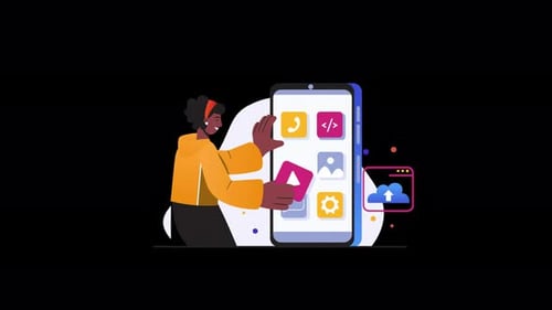 Mulher negra usando um smartphone com ícones de aplicativos exibidos