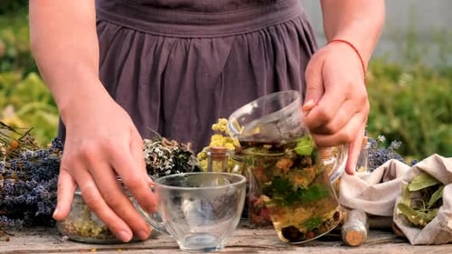 Woman Preparing Natural Herbal Tea Outdoors