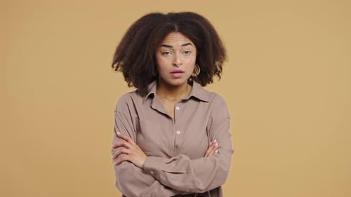 Bored Upset African Woman Sighs Rolling Eyes On Beige Offended Lady Come On