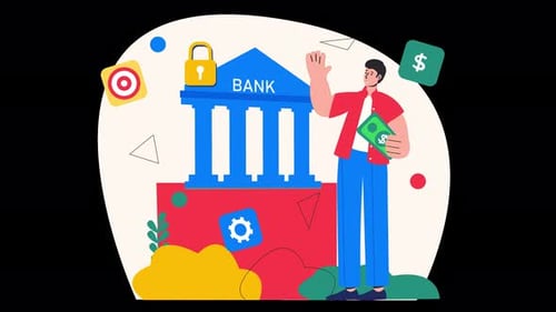 Illustration of a bank with a man holding cash and symbols of security