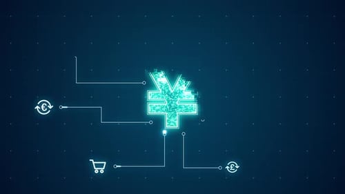 Logo bleu de la monnaie numérique avec connexion par ligne et technologie de transfert de données, arrière-plan abstrait