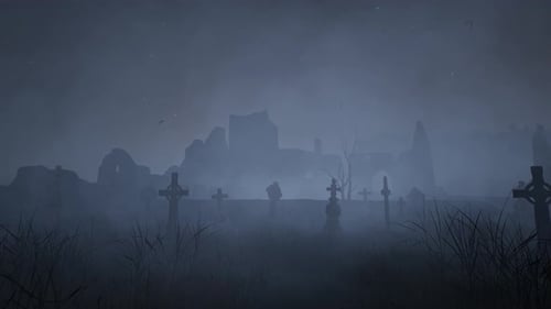 Old abandoned cemetery with tombstones sticking out in all directions, near ancient ruins. Halloween