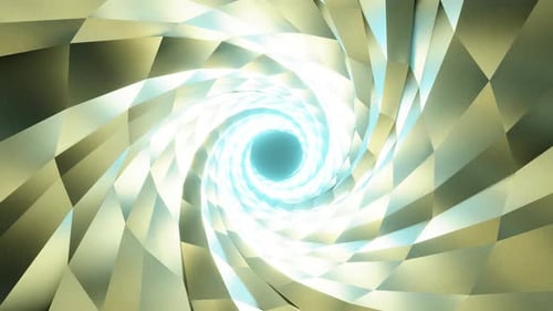 Abstract blue and yellow futuristic shimmering spiral tunnel 3D animation.