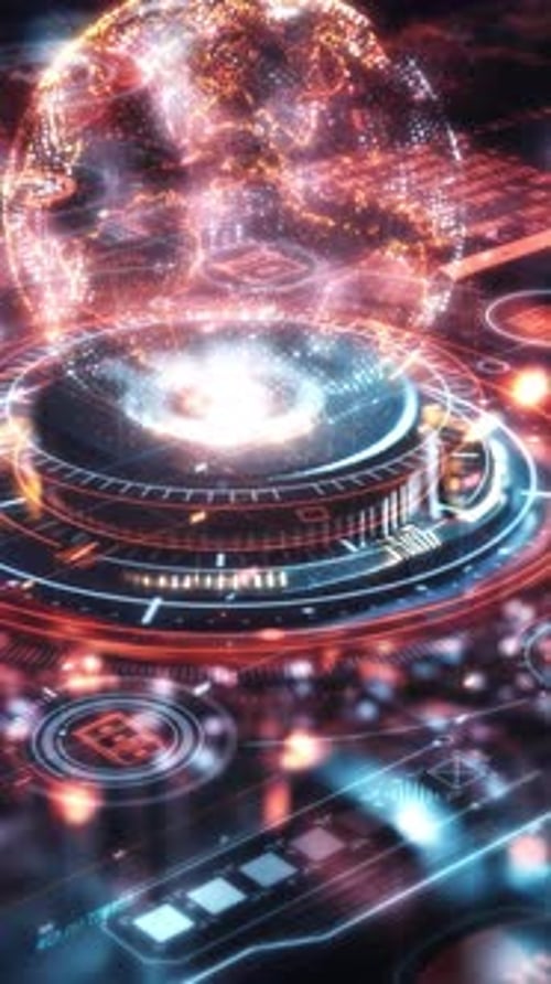 Futuristic Earth Hologram Rotating on Technological Platform with Data Flowing