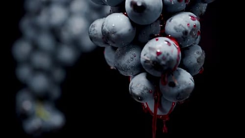 Red juice slowly flows from clusters of blue grapes on a black background.