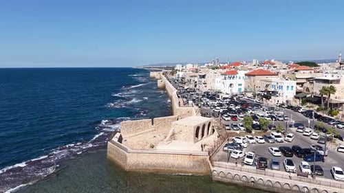 Aerial video over the old city of Acre in northern Israel