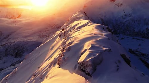 Aerial view of Norway snow mountain beautiful landscape during winter