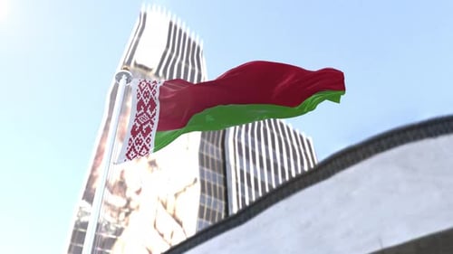 Belarus Flag Waving with Modern City Buildings