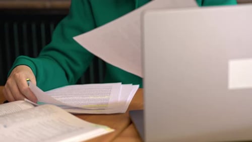 Paper Documents Working Female Businessman Holding Papers Hands Looking Through