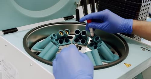 Lab Technician Inserts Test Tubes into Centrifuge