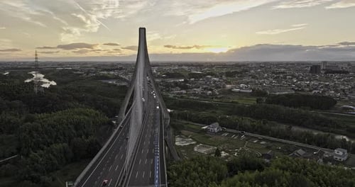 Toyota Japan Aerial v1 cinematic low drone flyover Doaicho neighborhood capturing Arrows bridge span