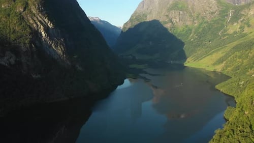 A drone shot of the fjords of Norway