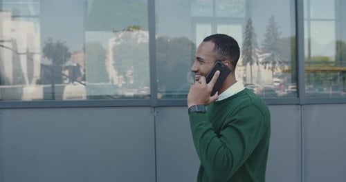 Multiracial Businessman Talking Mobile Walking On Street