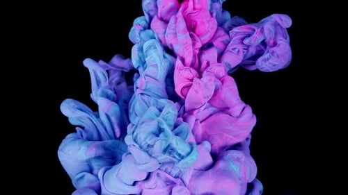 Serenity Veil Delicate Blue and Lilac Paint Form Ethereal Clouds on a Solid Black Surface
