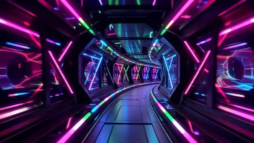 Futuristische Neontunnelbewegung durch den Cyberpunk-Korridor