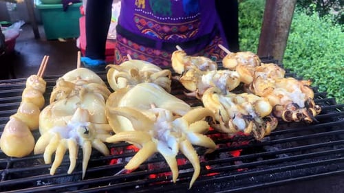 Fresh grilled squid on a coal stove seafood grilled Thai street food.