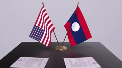 Laos and USA at the negotiating table, a diplomatic deal. Business and politics animation