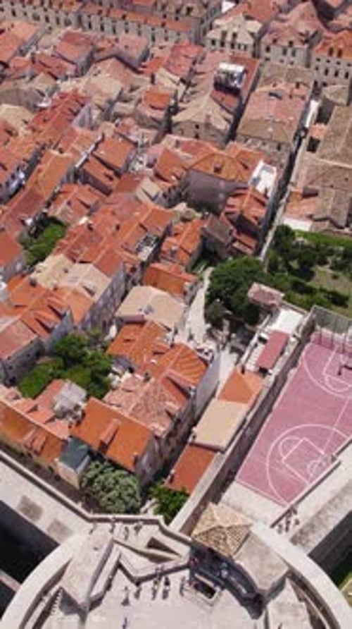 Tourists visiting Minceta Tower, enjoying aerial view of Dubrovnik, Croatia. Aerial, Birds Eye View