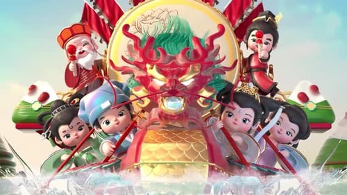 Animated Dragon Boat Festival Celebration with 3D Cartoon Characters