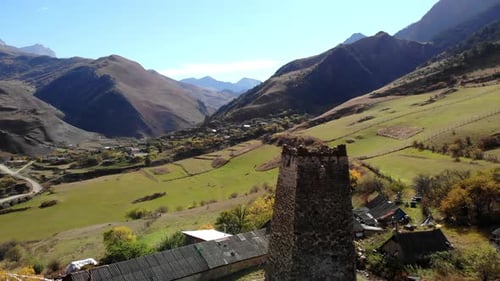 Panoramic Aerial Scene Capturing Traditional Village Life And Picturesque Natural Surroundings Media
