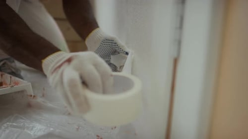 Painter Taping Wall Before Painting