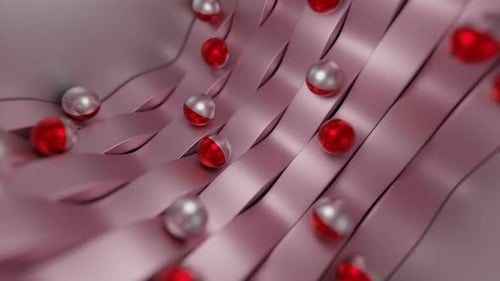 Abstract Flowing Ribbons with Red and Pearl Spheres