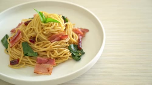 Bacon Spaghetti Served on a White Plate