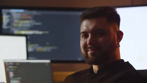 A Wellgroomed Young Man Smiles at the Camera Closeup of a Smiling Male Developer Sitting in His
