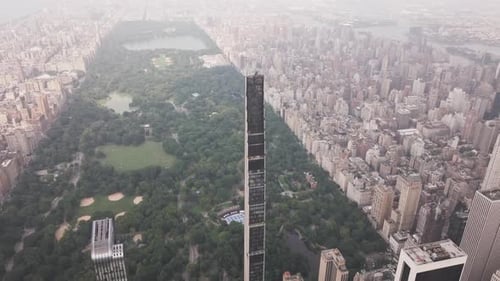 Aerial video of the skyscrapers in the city, Central Park in New York. USA