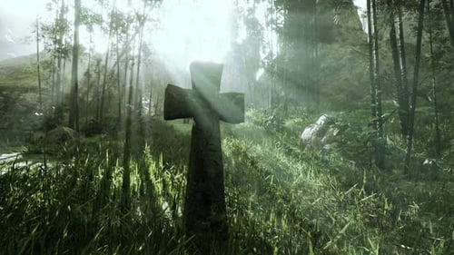 A Roughhewn Stone Cross Amidst the Jungle Foliage