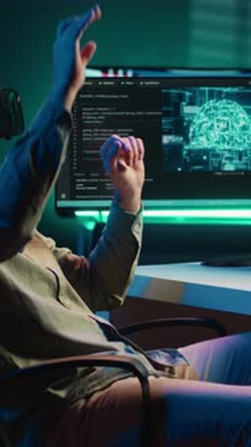 Vertical Video Man with VR Glasses on Happy After Achieving AI Superintelligence