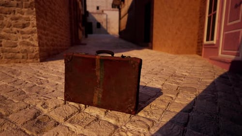 A Piece of Luggage Sitting on a Cobblestone Street