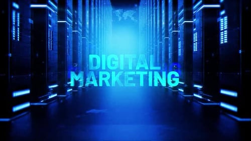Digital Marketing Words On Hologram Data Center Background