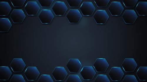 Blue hexagons with neon glow. Hexagon frame, geometric empty template. Honeycomb gradient background