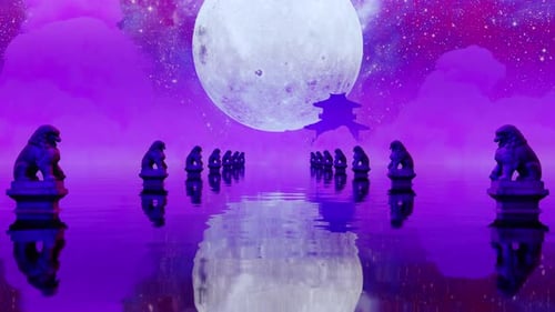 Dreamy Purple Night: Full Moon, Temple, and Guardian Lion Reflection