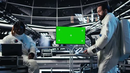 Astronauts Flying Together in Starship Looking at Isolated Screen Monitor
