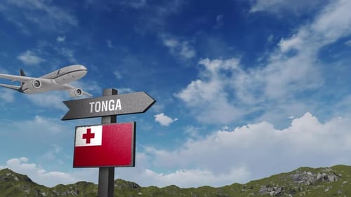 Tonga Flag With Airplane And Arrow Sign