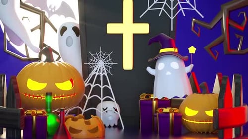 Animated 3D Halloween Holiday Scene with Ghosts and Pumpkins