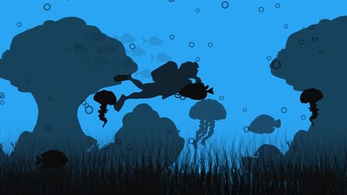 Underwater Silhouette Animation Scuba Diver Explores Deep Sea With Jellyfish And Fish