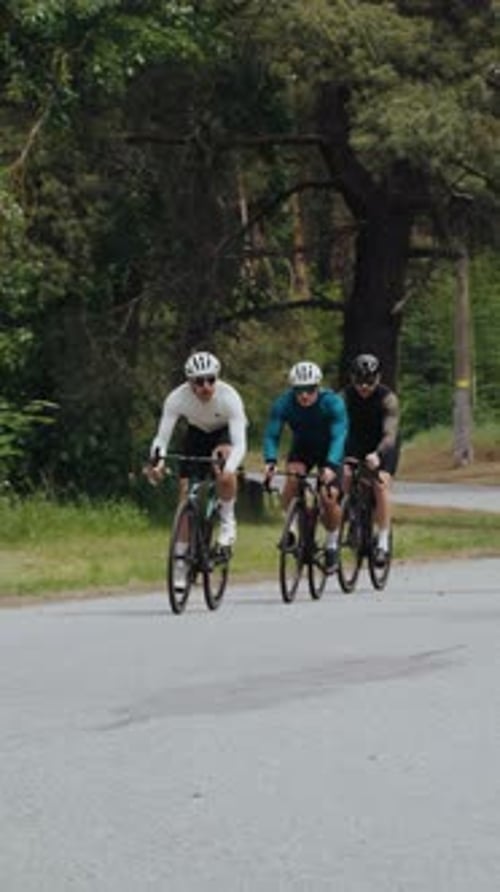 Sportsmen in Tracksuits Ride Bicycles Along Winding Road