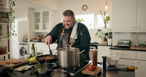 Cooking, food and happy with man in kitchen for recipe, diet and lunch meal prep
