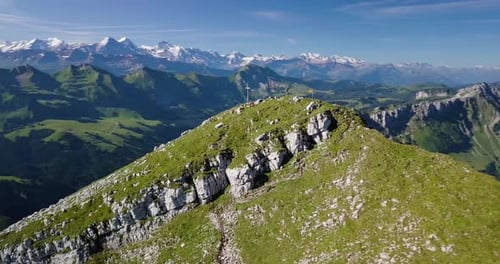 Aerial View of Running and Hiking in Classic Swiss Mountain Range in Luzern, Switzerland