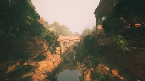 Rivière calme sous un vieux pont de pierre dans un paysage verdoyant