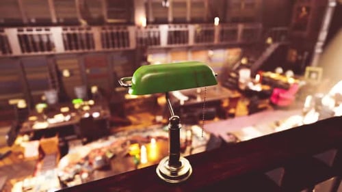 Library Interior with Vintage Green Desk Lamp and Classic Bookshelves