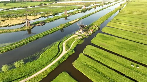 Netherlands. An aerial view of the windmill. Kinderdijk national park. View from a drone.