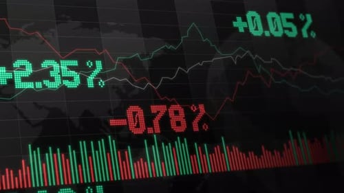 Panel abstracto del mercado de criptomonedas, gráficos de precios en rojo y verde, líneas de tendencia bajistas y alcistas, puede