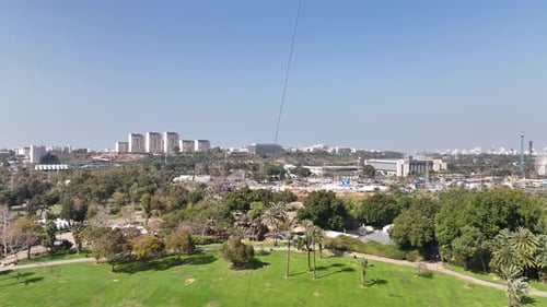 Aerial shot of a hot air balloon over Yarkon Park Tel Aviv, Israel