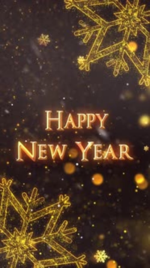 Happy New Year Golden Glittering Snowflakes Vertical Title Animation