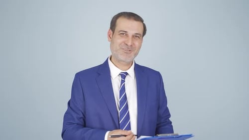 Cheerful Business Man Signing Contract, Explaining Details