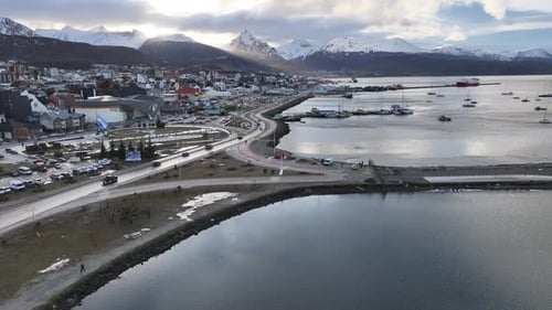 Ushuaia Sign At Ushuaia In Tierra Del Fuego Argentina. Sign Letters Landscape.